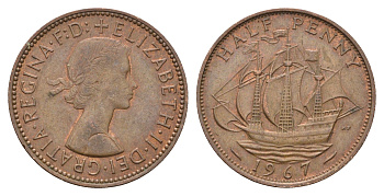 Великобритания 1/2 пенни 1967 Елизавета II (1952-2022) KM 896, Spink 4158 бронза 4671-1142