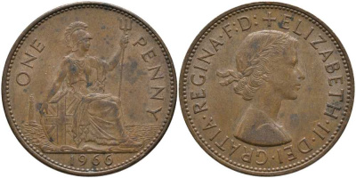 Великобритания 1 пенни 1966 Елизавета II (1952-2022) КМ 897, Spink 4157 бронза 115-446