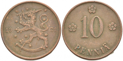 Финляндия 10 пенни 1921 республика (1918-1962) KM 24 медь 4541-152