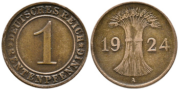 Германия 1 рентенпфенниг 1924 A KM 30, J. 306, Weege 1 бронза 39-832