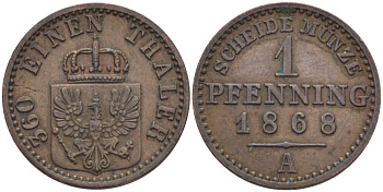 ПРУССИЯ 1 ПФЕННИГ 1868 А KM 480 медь 100-327