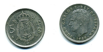 ИСПАНИЯ 5 ПЕСЕТ 1984 ХУАН КАРЛОС I (1975-) KM 823 медно-никель 51-4544