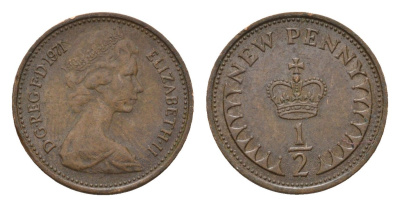 Великобритания 1/2 пенни 1971 Елизавета II (1952-2022) KM 914, Spink 4239 (A1) бронза 4613-1048