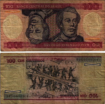 Бразилия 100 крузейро 1981 подпись 20, Герцог Каксиас Pick 198a бумага 7221-21-2-2