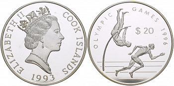 Острова Кука 20 долларов 1993 XXVI летние Олимпийские игры в Атланте 1996 года, прыжки с шестом, бег KM 161 серебро PROOF 00-00