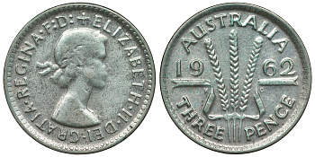 Австралия 3 пенса 1962 m, Елизавета II (1952-2022) KM 57 серебро 71-825