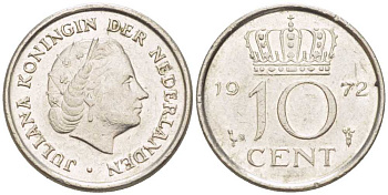 Нидерланды 10 центов 1972 Юлиана (1948-1980) KM 182 никель 214-1262