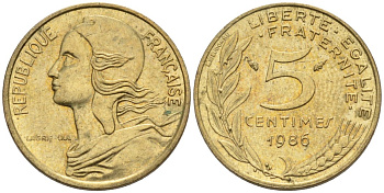 ФРАНЦИЯ 5 САНТИМОВ 1986 ТИП MARIANNE KM 933, LE FRANC 125.22 медь алюминий никель 4567-759