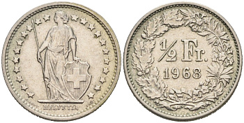 Швейцария 1/2 франка 1968 KM 23а.1 медно-никель 4567-933
