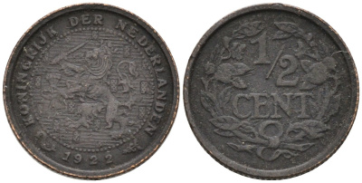 Нидерланды 1/2 цента 1922 Вильгельмина (1890-1948) KM 138 бронза 4576-434