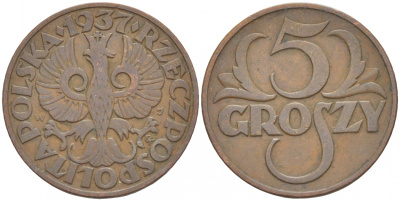 Польша 5 грошей 1937 w KM 10а, Parchimowicz 103i бронза 4549-238