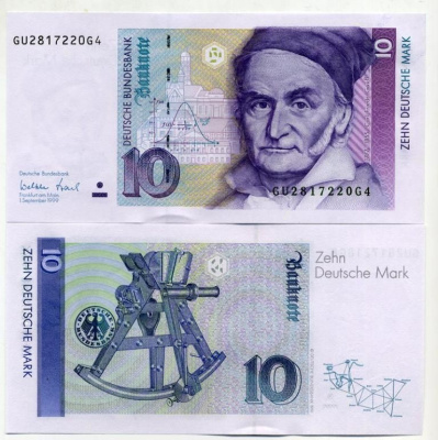 ФРГ 10 марок 1999 1 сентября 1999, Карл Фридрих Гаус, signatures: Welteke & Stark Pick 38 d бумага UNC (пресс) 000-00-00