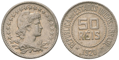 Бразилия 50 рейс 1920 редкий год - тираж 72.000 экземпляра KM 517 медно-никель 4615-613