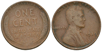 США 1 цент 1939 Авраам Линкольн  KM 132 бронза 211-911