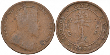 ЦЕЙЛОН 1 ЦЕНТ 1908 ЭДУАРД VII KM 102 медь 68-715