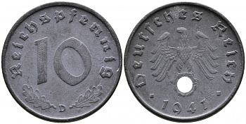 ГЕРМАНИЯ 10 РЕЙХСПФЕННИГОВ 1941 D KM 101, J 371 цинк 4525-1226