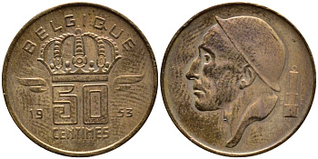 БЕЛЬГИЯ 50 САНТИМОВ 1953 BELGIQUE KM 144 бронза 4392-759
