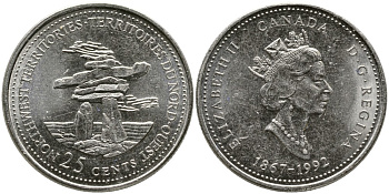 КАНАДА 25 ЦЕНТОВ 1992 125 ЛЕТ КОНФЕДЕРАЦИИ, ЕЛИЗАВЕТА II (1952-), СЕВЕРО-ЗАПАДНЫЕ ТЕРРИТОРИИ, ТРЕТИЙ ПОРТРЕТ В КОРОНЕ KM 212 никель 4543-812