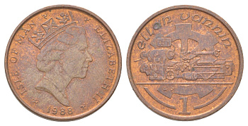 Остров Мэн 1 пенни 1988 АА, токарный станок, Елизавета II (1952) KM 207 бронза aUNC 4625-366