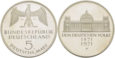 ФРГ 5 марок 1971 G, 100 лет основания Германской Империи KM 128.1, J. 409 серебро PROOF 180-1022