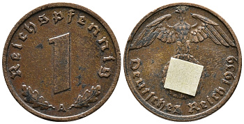 ГЕРМАНИЯ 1 РЕЙХСПФЕННИГ 1939 A KM 89, J. 361 бронза 39-1147