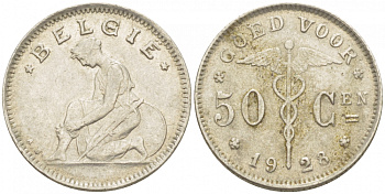 БЕЛЬГИЯ 50 САНТИМОВ 1928 BELGIE KM 88 никель 261-1162