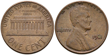 США 1 цент 1961 Авраам Линкольн KM 201 медь цинк 4564-345