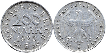 ГЕРМАНИЯ 200 МАРОК 1923 G KM 35, J. 304 алюминий 4390-933