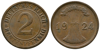 ГЕРМАНИЯ 2 РЕНТЕНПФЕННИГА 1924 E KM 31, J.307 бронза 86-1627