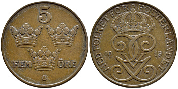 Швеция 5 эре 1915 Густав V (1907-1950) KM 779.2 бронза 4394-836