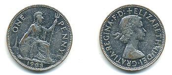 Великобритания 1 пенни 1965 Елизавета II (1952-2022) КМ 897, Spink 4157 бронза 80-1027