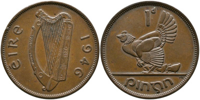 ИРЛАНДИЯ 1 ПЕННИ 1946 КУРИЦА С ЦЫПЛЯТАМИ KM 11 бронза 4531-643