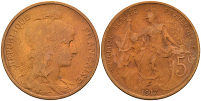 Франция 5 сантимов 1917 тип Дюпюи KM 842 бронза 4116-444
