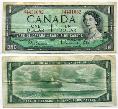 Канада 1 доллар 1954 ПОДПИСИ BEATTIE & RASMINSKY, BABNC Pick 75 b бумага 7457-48-1-1