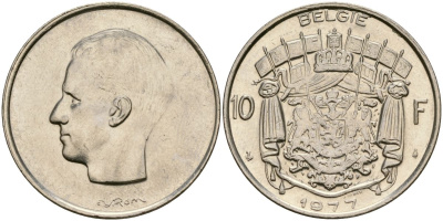 Бельгия 10 франков 1977 Belgie KM 156 никель 4135-1035