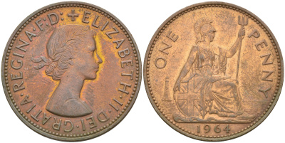 Великобритания 1 пенни 1964 Елизавета II (1952-2022) KM 897, Spink 4157 бронза 4683-1015