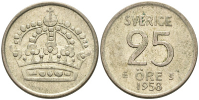 Швеция 25 эре 1958 Густав VI Адольф (1950-1973) KM 824 серебро 4585-461