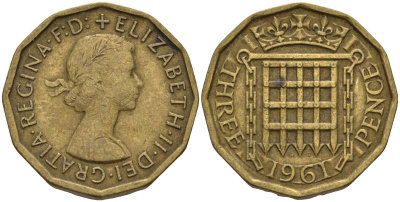 Великобритания 3 пенса 1961 Елизавета II (1952-2022) KM 900, Spink 4153 никель латунь 4146-346