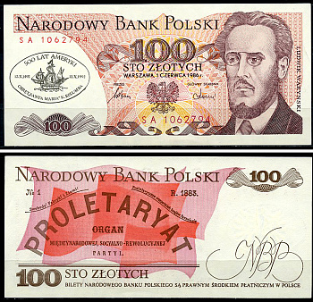 Польша 100 злотых 1986 надпечатка 500 лет открытия Америки Колумбом Pick 143e  бумага  UNC (пресс) 8588-28-4-1