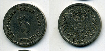 ГЕРМАНИЯ 5 ПФЕННИГОВ 1898 A, KM 11, J. 12 медно-никель 58-139