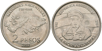 Аргентина 2 песо 2007 25 лет оккупации Фолклендских островов KM 144 медно-никель aUNC 4117-1112