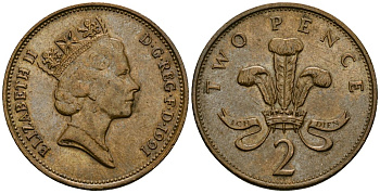 Великобритания 2 пенса 1991 Елизавета II (1952-2022) KM 936, Spink 4376 (C3) бронза 4607-844