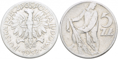 ПОЛЬША 5 ЗЛОТЫХ 1958 MW, РЫБАК KM 47 алюминий 4517-746