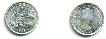 АВСТРАЛИЯ 6 ПЕННИ 1963 ЕЛИЗАВЕТА II серебро UNC 7-5-26-25