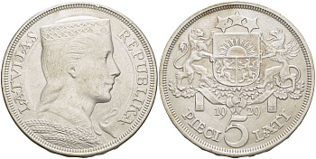 Латвия 5 латов 1929 девушка KM 9 серебро 3896-1435