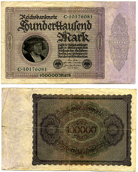 Германия 100000 марок 1923 1 ФЕВРАЛЯ 1923, выпуск (МАРТ 1923-5 июля 1925), НОМЕР ВОСЬМИЗНАЧНЫЙ, серия С 10176081 Pick 83, Роземберг 82а бумага 2194-10-1-1