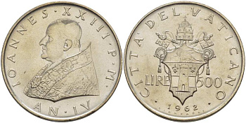 Ватикан 500 лир 1962 IV год, Иоанн XXIII (1958-1963) KM 65.2 серебро    4512-812