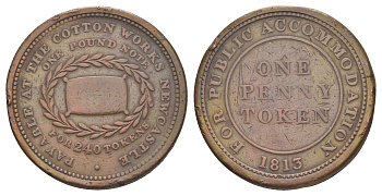 Великобритания, Стаффордшир, Ньюкасл-андер-Лайм 1 пенни 1813 Д.Д. Томсон, гурт шнур влево, токен Withers 900 медь 3711-441