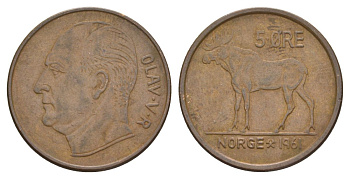 Норвегия 5 эре 1961 Улаф V (1957-1991) KM 405 бронза 4635-555