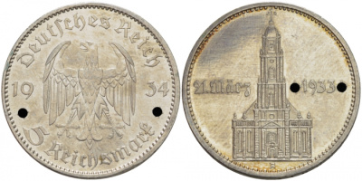 Германия 5 рейхсмарок 1934 А, Берлин, кирха, Потсдам 21 марта 1933 J. 356, KM 82 серебро PROOF 00-000-00